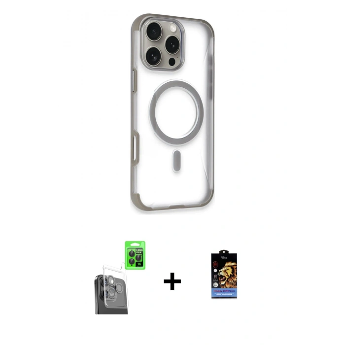 ieg™ iPhone 16 Pro Max Kılıf Eksen Klasik Koleksiyonu - Siyah Buffer Hayalet Cam Ekran Koruyucu + Siyah Raze Metal Kamera Lens