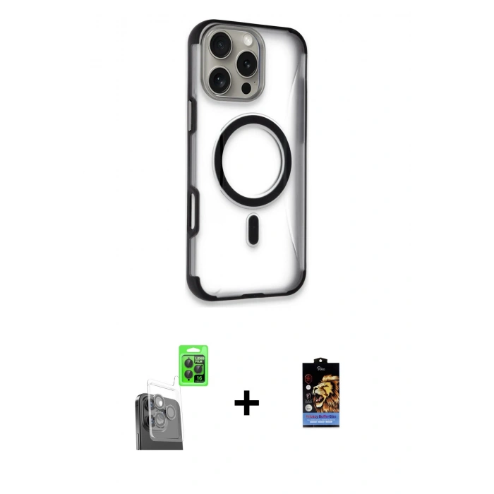 ieg™ iPhone 16 Pro Max Kılıf Eksen Klasik Koleksiyonu - Siyah Buffer Hayalet Cam Ekran Koruyucu + Siyah Raze Metal Kamera Lens