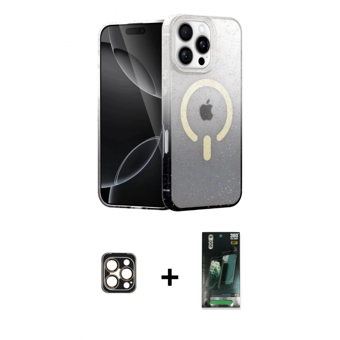 ieg™ iPhone 16 Pro Max Kılıf Eksen Minimal Özel Seri - Siyah 360 Mat Full Body Arka Koruyucu + Gold PVD Metal Kamera Lens
