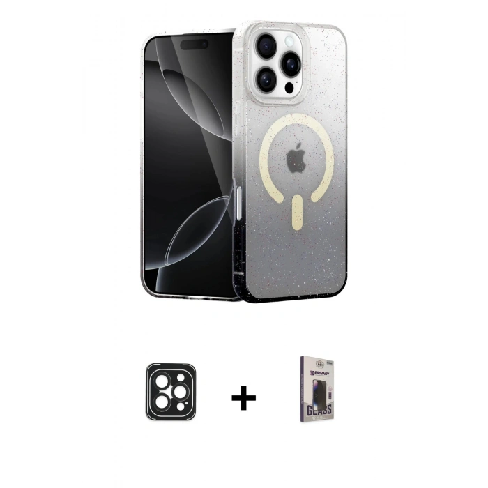 ieg™ iPhone 16 Pro Max Kılıf Eksen Minimal Özel Seri - Siyah Bilvis Hayalet Cam Ekran Koruyucu + Siyah PVD Metal Kamera Lens