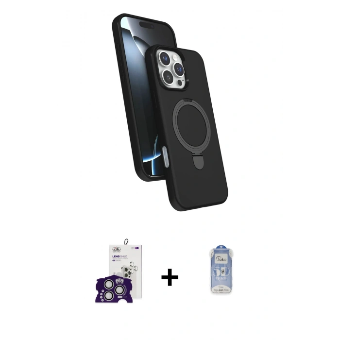 ieg™ iPhone 16 Pro Max Kılıf İz Işık Koleksiyonu - Siyah Joko Magic 5D Cam + Gümüş Bilvis Titan Kamera Lens