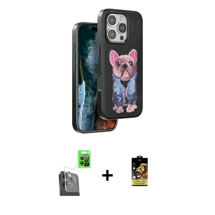ieg™ iPhone 16 Pro Max Kılıf İz Minimal Koleksiyonu - Siyah Buffer Cam Ekran Koruyucu + Siyah Raze Metal Kamera Lens