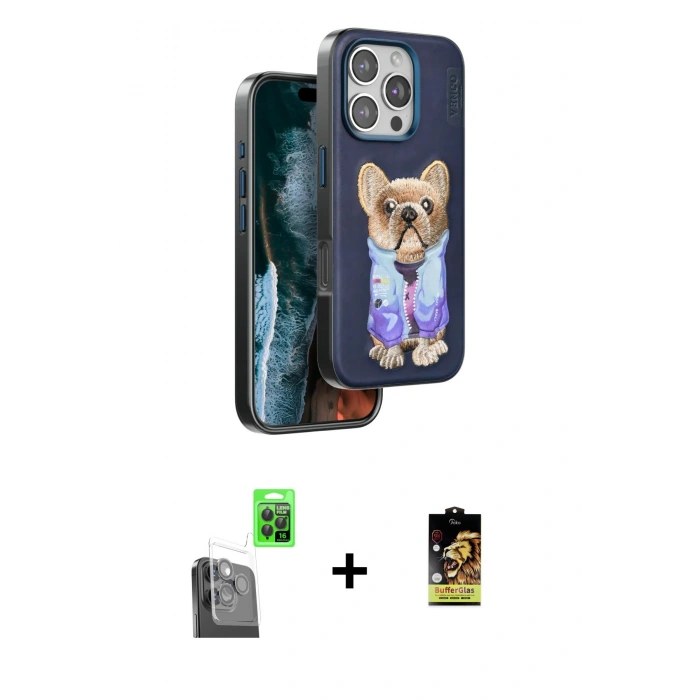 ieg™ iPhone 16 Pro Max Kılıf İz Minimal Koleksiyonu - Siyah Buffer Cam Ekran Koruyucu + Siyah Raze Metal Kamera Lens
