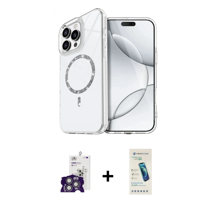 ieg™ iPhone 16 Pro Max Kılıf Kıvılcım Form Prime - Şeffaf Pasifik Cam Ekran Koruyucu + Gümüş Bilvis Titan Kamera Lens