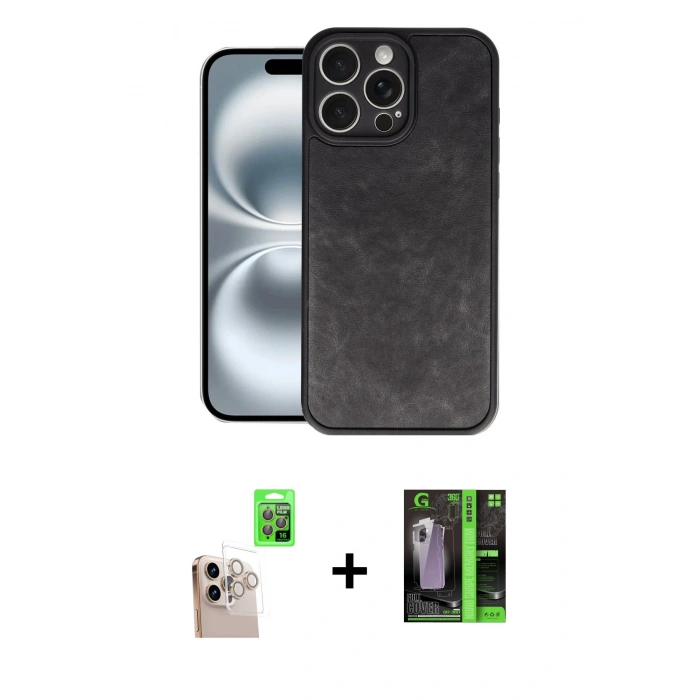 ieg™ iPhone 16 Pro Max Kılıf Kıvılcım Işık Serisi - Şeffaf 360 Full Body Arka Koruyucu + Natural Grey Raze Metal Kamera Lens