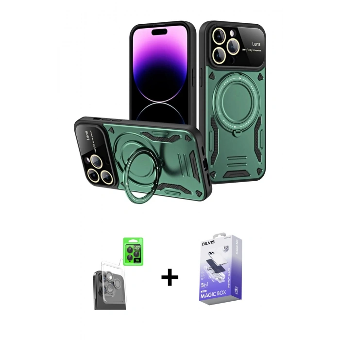 ieg™ iPhone 16 Pro Max Kılıf Kıvılcım Modern Serisi - Siyah Bilvis 5in1 5D Magic Hayalet Cam Ekran Koruyucu + Siyah Raze Metal Kamera Lens