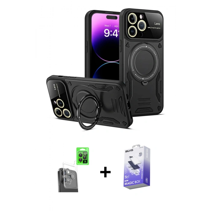 ieg™ iPhone 16 Pro Max Kılıf Kıvılcım Modern Serisi - Siyah Bilvis 5in1 5D Magic Hayalet Cam Ekran Koruyucu + Siyah Raze Metal Kamera Lens