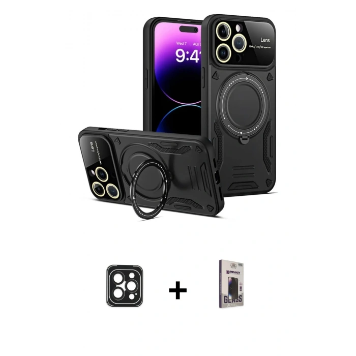 ieg™ iPhone 16 Pro Max Kılıf Kıvılcım Modern Serisi - Siyah Bilvis Hayalet Cam Ekran Koruyucu + Siyah PVD Metal Kamera Lens