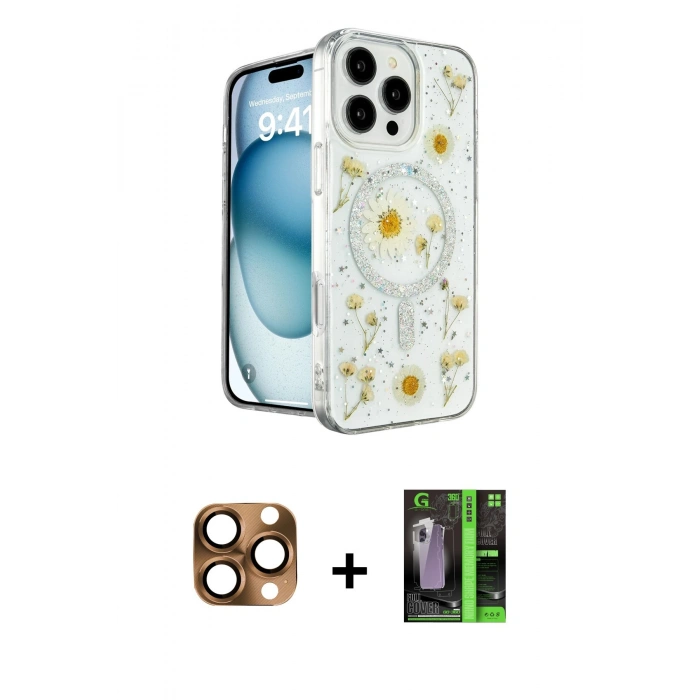 ieg™ iPhone 16 Pro Max Kılıf Kozmos Doku - Şeffaf 360 Full Body Arka Koruyucu + Çöl Titanyum Pers Alüminyum Kamera Lens