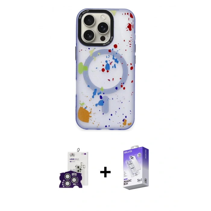 ieg™ iPhone 16 Pro Max Kılıf Kozmos Doku - Siyah Bilvis 5in1 3D Magic Cam Ekran Koruyucu + Gümüş Bilvis Titan Kamera Lens