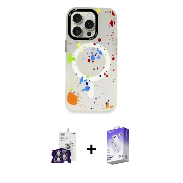 ieg™ iPhone 16 Pro Max Kılıf Kozmos Doku - Siyah Bilvis 5in1 3D Magic Cam Ekran Koruyucu + Gümüş Bilvis Titan Kamera Lens