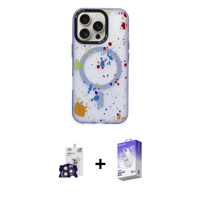 ieg™ iPhone 16 Pro Max Kılıf Kozmos Doku - Siyah Bilvis 5in1 3D Magic Cam Ekran Koruyucu + Titanyum Gri Bilvis Titan Kamera Lens