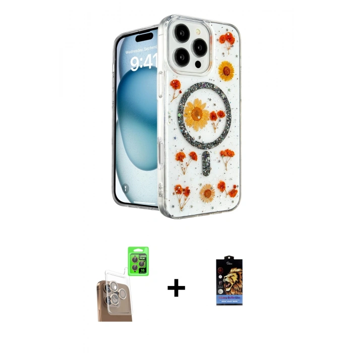 ieg™ iPhone 16 Pro Max Kılıf Kozmos Doku - Siyah Buffer Hayalet Cam Ekran Koruyucu + Çöl Titanyum Raze Metal Kamera Lens