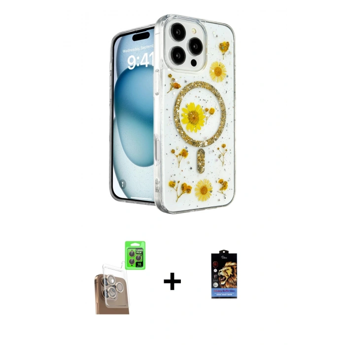 ieg™ iPhone 16 Pro Max Kılıf Kozmos Doku - Siyah Buffer Hayalet Cam Ekran Koruyucu + Çöl Titanyum Raze Metal Kamera Lens