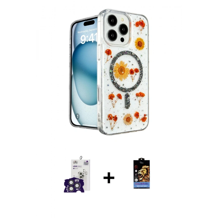 ieg™ iPhone 16 Pro Max Kılıf Kozmos Doku - Siyah Buffer Hayalet Cam Ekran Koruyucu + Titanyum Gri Bilvis Titan Kamera Lens