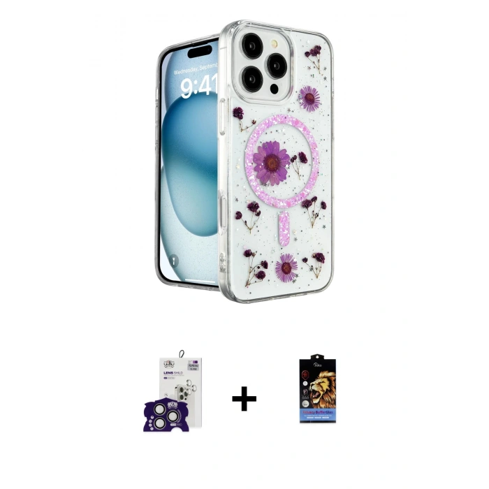 ieg™ iPhone 16 Pro Max Kılıf Kozmos Doku - Siyah Buffer Hayalet Cam Ekran Koruyucu + Titanyum Gri Bilvis Titan Kamera Lens