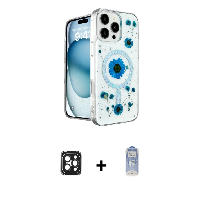 ieg™ iPhone 16 Pro Max Kılıf Kozmos Doku - Siyah Joko Magic 5D Cam + Siyah PVD Metal Kamera Lens