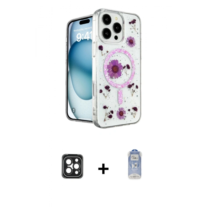 ieg™ iPhone 16 Pro Max Kılıf Kozmos Doku - Siyah Joko Magic 5D Cam + Siyah PVD Metal Kamera Lens