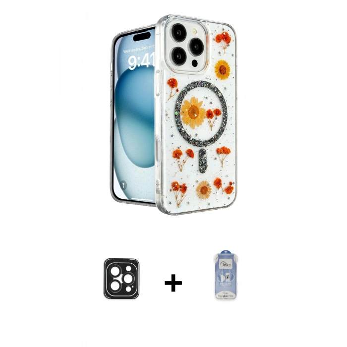 ieg™ iPhone 16 Pro Max Kılıf Kozmos Doku - Siyah Joko Magic 5D Cam + Siyah PVD Metal Kamera Lens