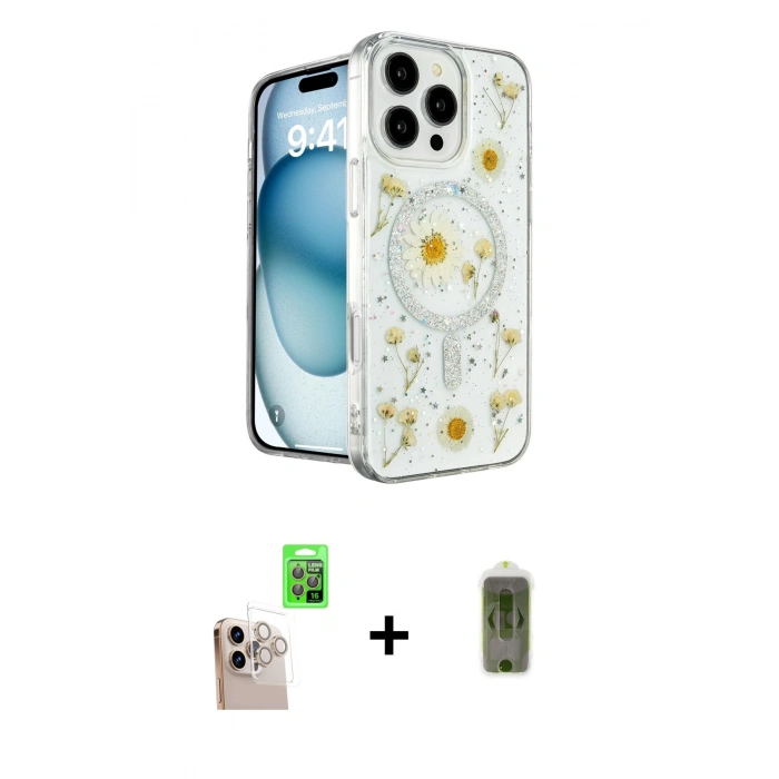 ieg™ iPhone 16 Pro Max Kılıf Kozmos Doku - Siyah Joko Magic 5D Hayalet Cam + Natural Grey Raze Metal Kamera Lens