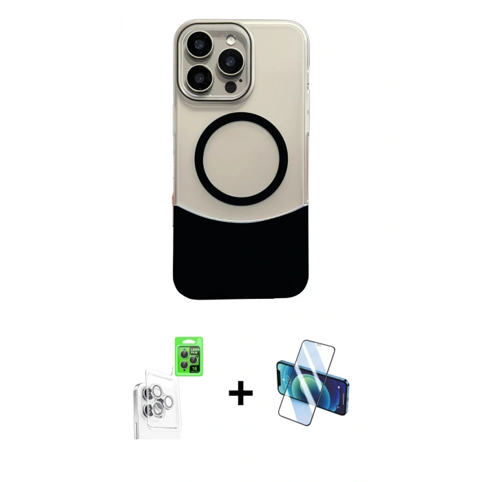 ieg™ iPhone 16 Pro Max Kılıf Kozmos Form Özel Seri - Siyah 3D Antistatik Seramik Nano Ekran Koruyucu + Beyaz Raze Metal Kamera Lens