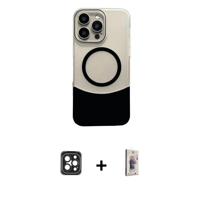 ieg™ iPhone 16 Pro Max Kılıf Kozmos Form Özel Seri - Siyah Bilvis 3D Cam Ekran Koruyucu + Siyah PVD Metal Kamera Lens