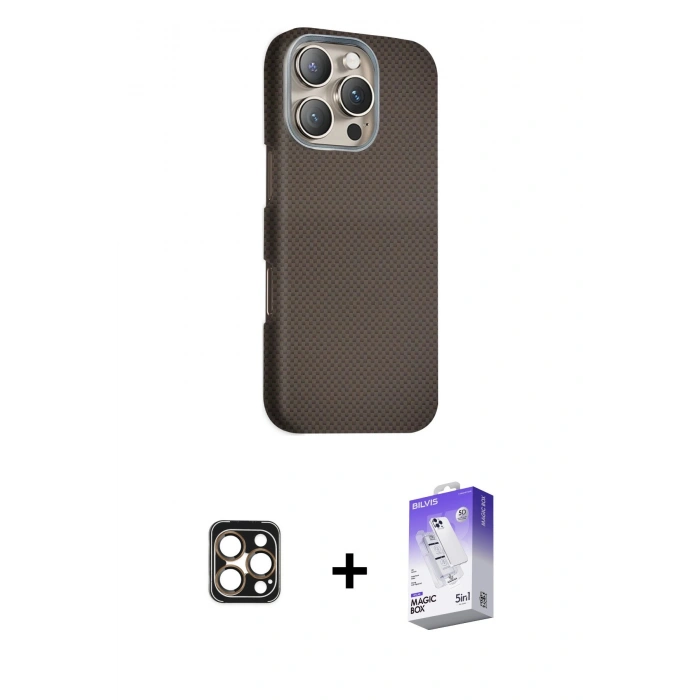 ieg™ iPhone 16 Pro Max Kılıf Kozmos Klasik Prime - Siyah Bilvis 5in1 3D Magic Cam Ekran Koruyucu + Gold PVD Metal Kamera Lens