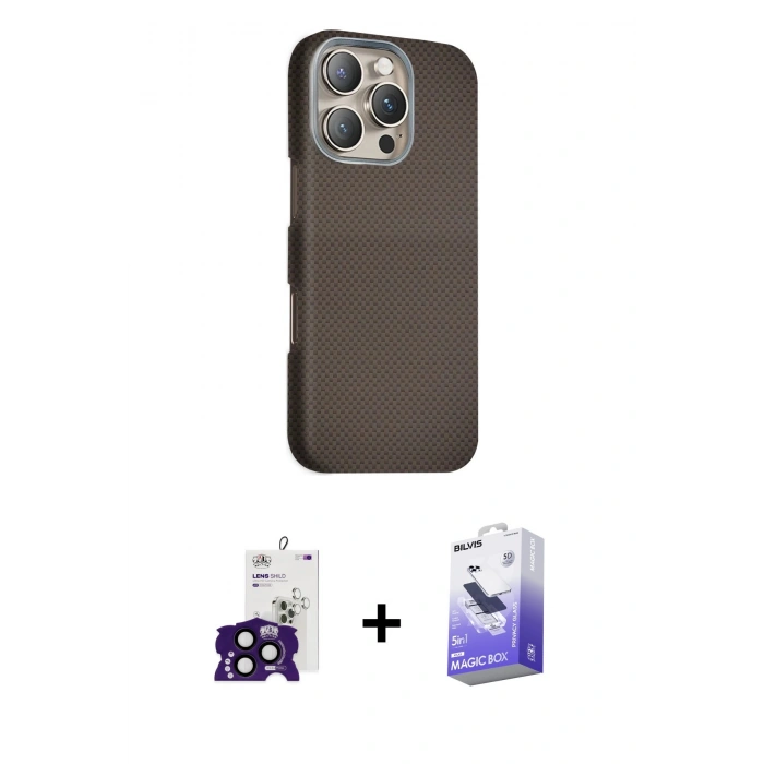 ieg™ iPhone 16 Pro Max Kılıf Kozmos Klasik Prime - Siyah Bilvis 5in1 5D Magic Hayalet Cam Ekran Koruyucu + Siyah Bilvis Titan Kamera Lens