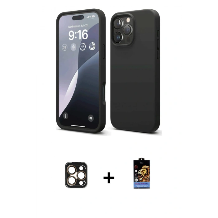ieg™ iPhone 16 Pro Max Kılıf Kozmos Yansıma Özel Seri - Siyah Buffer Hayalet Cam Ekran Koruyucu + Gold PVD Metal Kamera Lens
