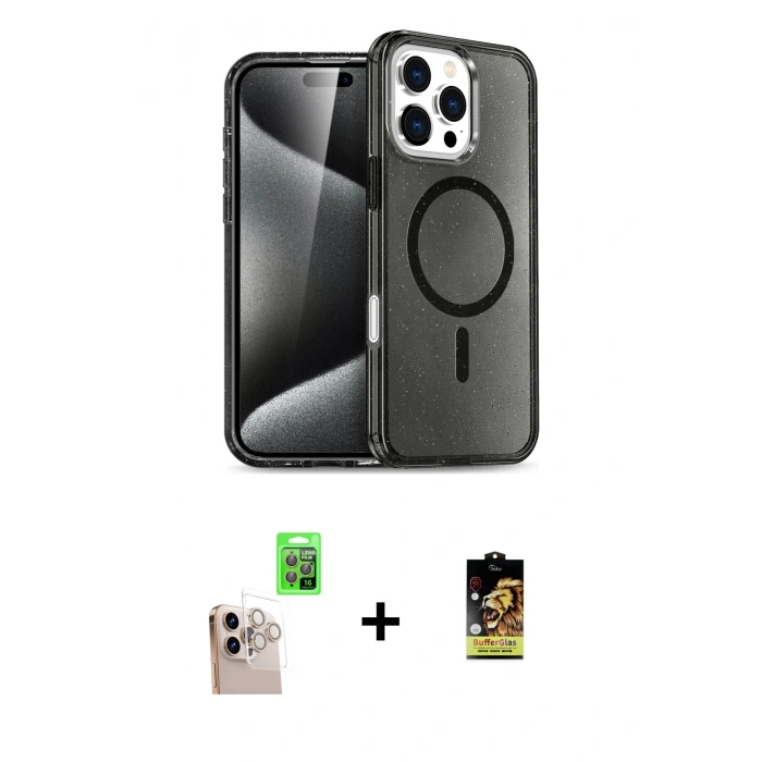 ieg™ iPhone 16 Pro Max Kılıf Nova Asil Prime - Siyah Buffer Cam Ekran Koruyucu + Natural Grey Raze Metal Kamera Lens
