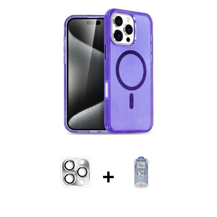 ieg™ iPhone 16 Pro Max Kılıf Nova Asil Prime - Siyah Joko Magic 5D Cam + Gümüş Pers Alüminyum Kamera Lens
