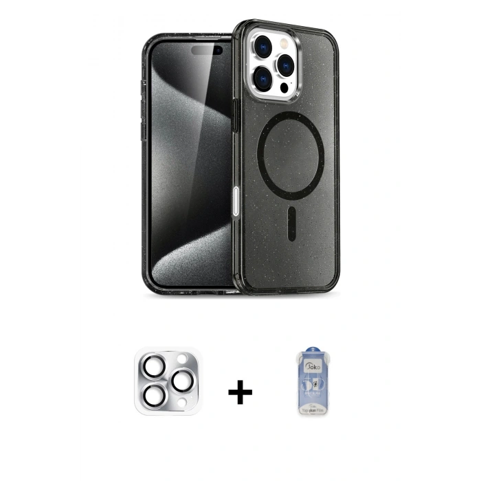 ieg™ iPhone 16 Pro Max Kılıf Nova Asil Prime - Siyah Joko Magic 5D Cam + Gümüş Pers Alüminyum Kamera Lens