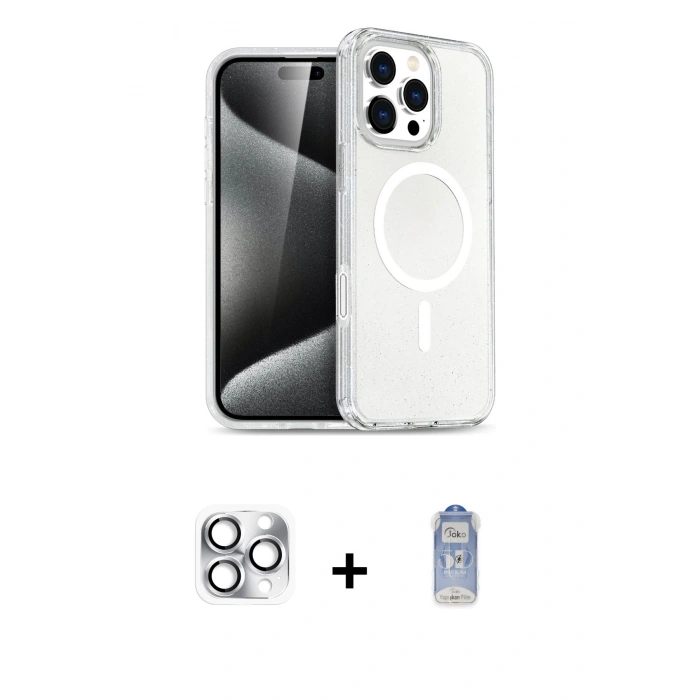 ieg™ iPhone 16 Pro Max Kılıf Nova Asil Prime - Siyah Joko Magic 5D Cam + Gümüş Pers Alüminyum Kamera Lens