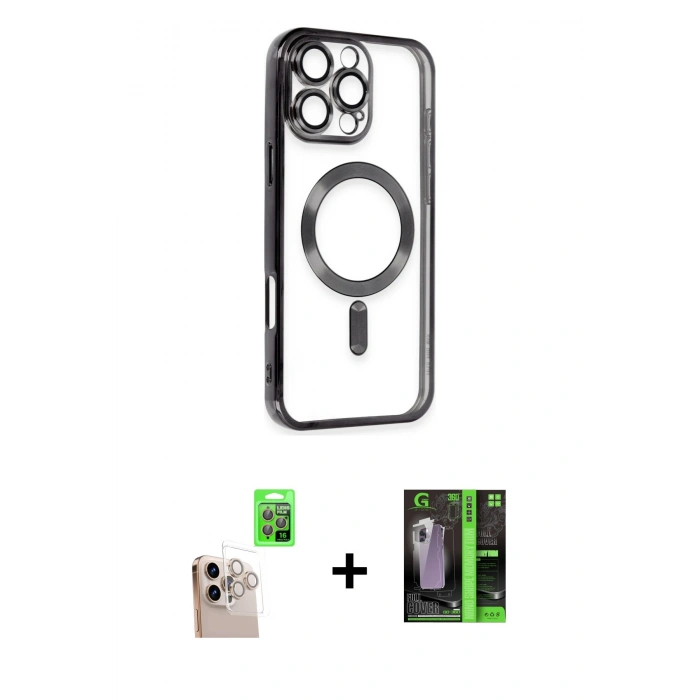 ieg™ iPhone 16 Pro Max Kılıf Nova Işık Özel Seri - Şeffaf 360 Full Body Arka Koruyucu + Natural Grey Raze Metal Kamera Lens