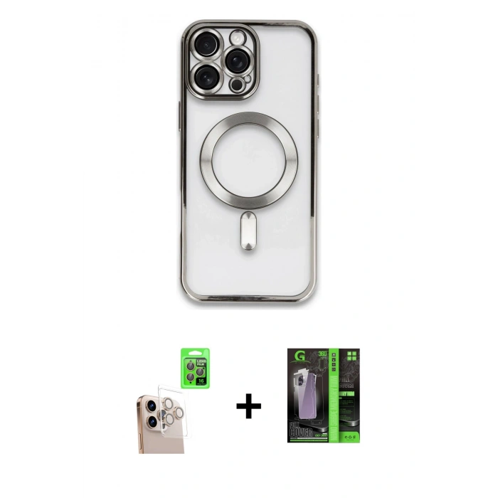 ieg™ iPhone 16 Pro Max Kılıf Nova Işık Özel Seri - Şeffaf 360 Full Body Arka Koruyucu + Natural Grey Raze Metal Kamera Lens