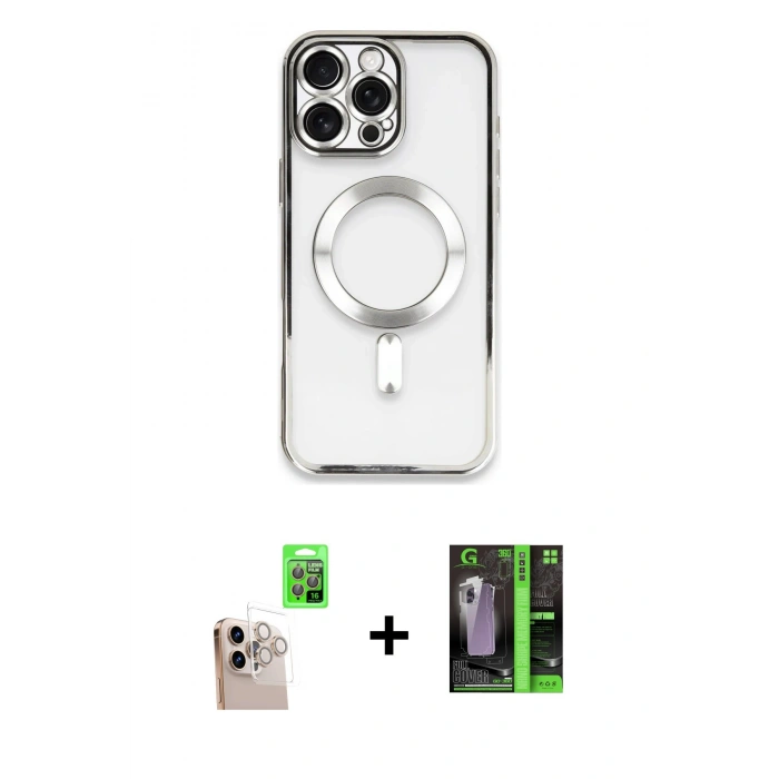 ieg™ iPhone 16 Pro Max Kılıf Nova Işık Özel Seri - Şeffaf 360 Full Body Arka Koruyucu + Natural Grey Raze Metal Kamera Lens