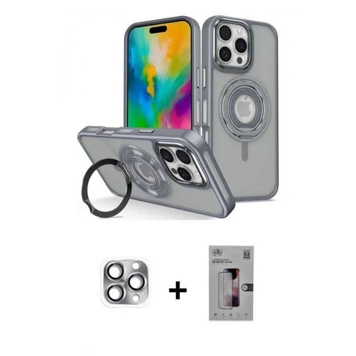 ieg™ iPhone 16 Pro Max Kılıf Nova Minimal Serisi - Siyah Bilvis 3D Mat Cam Ekran Koruyucu + Gri Pers Alüminyum Kamera Lens