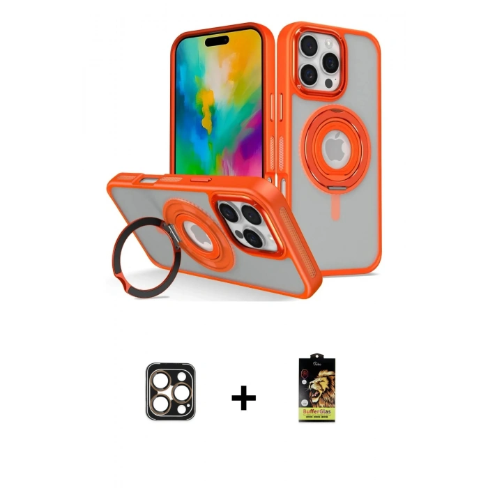 ieg™ iPhone 16 Pro Max Kılıf Nova Minimal Serisi - Siyah Buffer Cam Ekran Koruyucu + Gold PVD Metal Kamera Lens