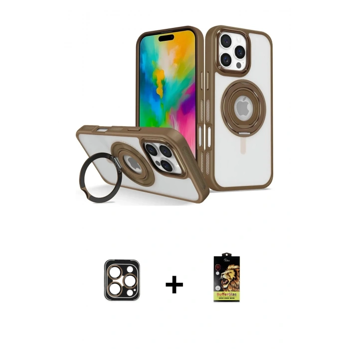 ieg™ iPhone 16 Pro Max Kılıf Nova Minimal Serisi - Siyah Buffer Cam Ekran Koruyucu + Gold PVD Metal Kamera Lens