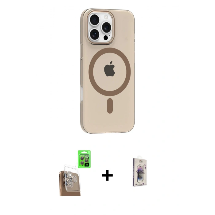 ieg™ iPhone 16 Pro Max Kılıf Pusula Form Özel Seri - Siyah Bilvis 3D Cam Ekran Koruyucu + Çöl Titanyum Raze Metal Kamera Lens