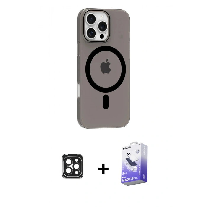 ieg™ iPhone 16 Pro Max Kılıf Pusula Form Özel Seri - Siyah Bilvis 5in1 5D Magic Hayalet Cam Ekran Koruyucu + Siyah PVD Metal Kamera Lens