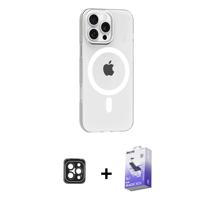ieg™ iPhone 16 Pro Max Kılıf Pusula Form Özel Seri - Siyah Bilvis 5in1 5D Magic Hayalet Cam Ekran Koruyucu + Siyah PVD Metal Kamera Lens