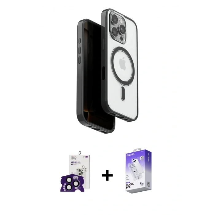 ieg™ iPhone 16 Pro Max Kılıf Pusula Form Serisi - Siyah Bilvis 5in1 3D Magic Cam Ekran Koruyucu + Siyah Bilvis Titan Kamera Lens