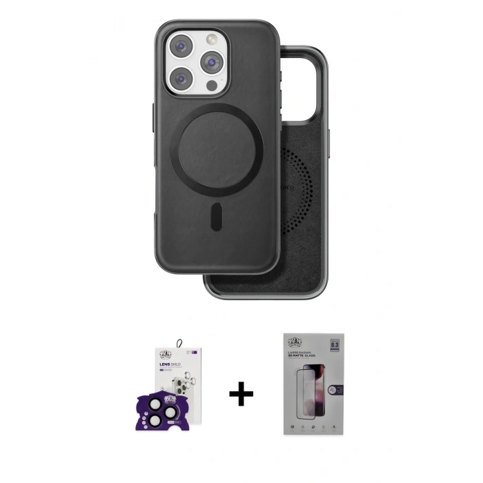 ieg™ iPhone 16 Pro Max Kılıf Pusula Işık Koleksiyonu - Siyah Bilvis 3D Mat Cam Ekran Koruyucu + Siyah Bilvis Titan Kamera Lens
