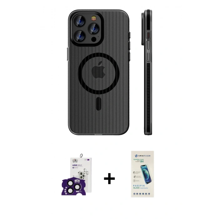 ieg™ iPhone 16 Pro Max Kılıf Pusula Minimal Koleksiyonu - Şeffaf Pasifik Cam Ekran Koruyucu + Siyah Bilvis Titan Kamera Lens