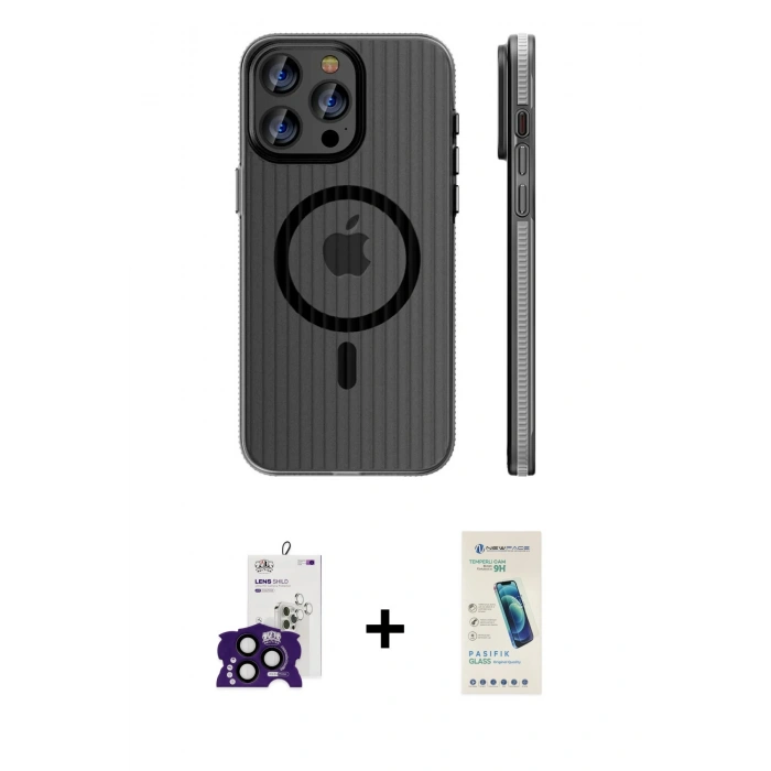 ieg™ iPhone 16 Pro Max Kılıf Pusula Minimal Koleksiyonu - Şeffaf Pasifik Cam Ekran Koruyucu + Siyah Bilvis Titan Kamera Lens
