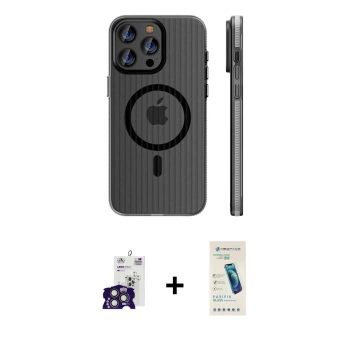 ieg™ iPhone 16 Pro Max Kılıf Pusula Minimal Koleksiyonu - Şeffaf Pasifik Cam Ekran Koruyucu + Titanyum Gri Bilvis Titan Kamera Lens