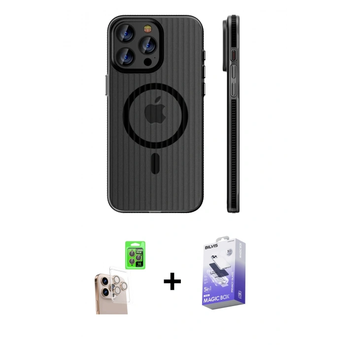 ieg™ iPhone 16 Pro Max Kılıf Pusula Minimal Koleksiyonu - Siyah Bilvis 5in1 5D Magic Hayalet Cam Ekran Koruyucu + Natural Grey Raze Metal Kamera Lens