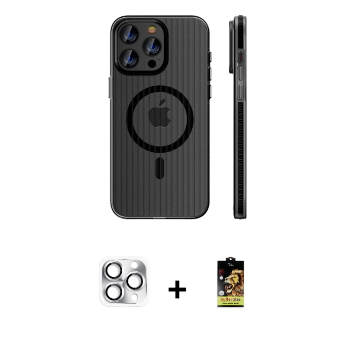 ieg™ iPhone 16 Pro Max Kılıf Pusula Minimal Koleksiyonu - Siyah Buffer Cam Ekran Koruyucu + Gümüş Pers Alüminyum Kamera Lens