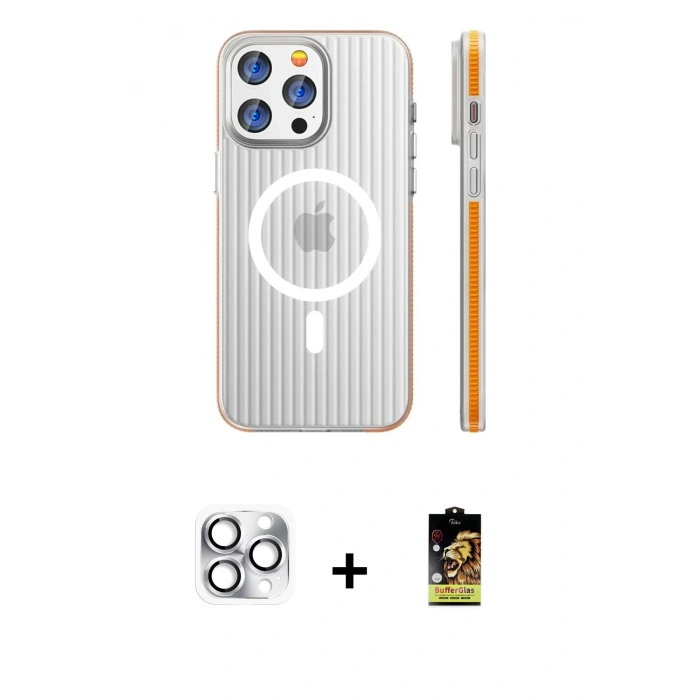 ieg™ iPhone 16 Pro Max Kılıf Pusula Minimal Koleksiyonu - Siyah Buffer Cam Ekran Koruyucu + Gümüş Pers Alüminyum Kamera Lens